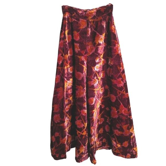 Vintage 70's Pants S Wine Floral Velvet Bell Bottoms High Rise Wide Leg Flare - Picture 2 of 11